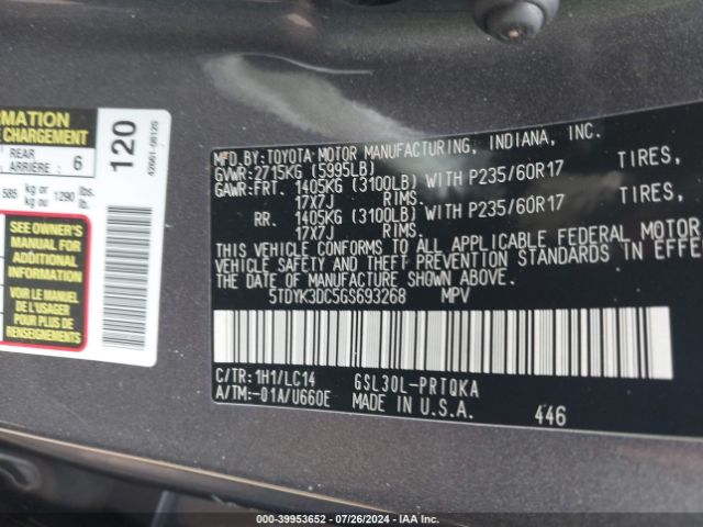 5TDYK3DC5GS693268 Toyota Sienna Xle 8 Passenger