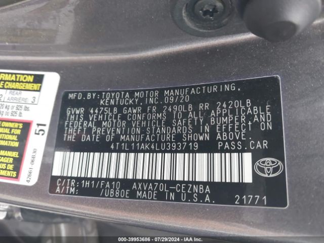 4T1L11AK4LU393719 Toyota CAMRY LE