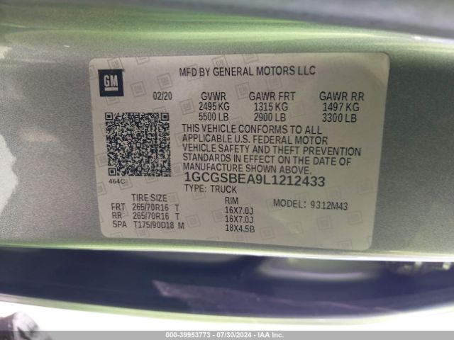 1GCGSBEA9L1212433 Chevrolet Colorado 2wd  Short Box Wt