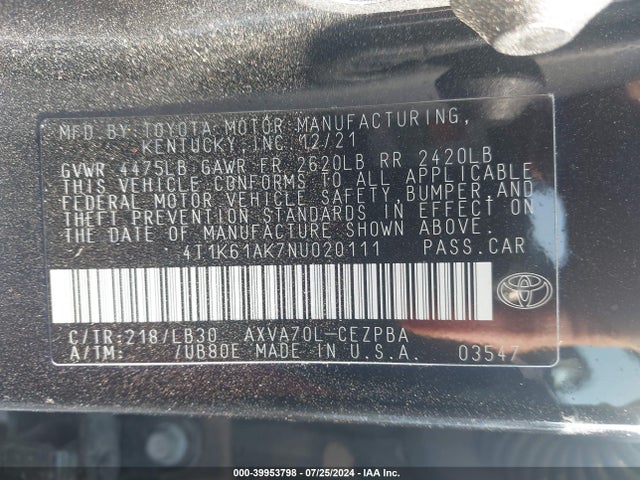 Toyota CAMRY XSE 2022 4T1K61AK7NU020111 Image 9