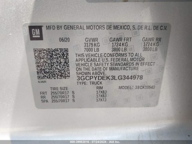 3GCPYDEK3LG344978 Chevrolet Silverado 1500 4wd  Short Bed Lt
