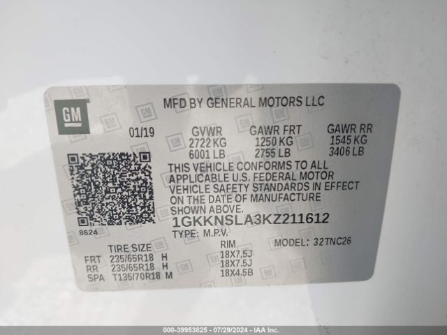 1GKKNSLA3KZ211612 GMC Acadia Sle-2