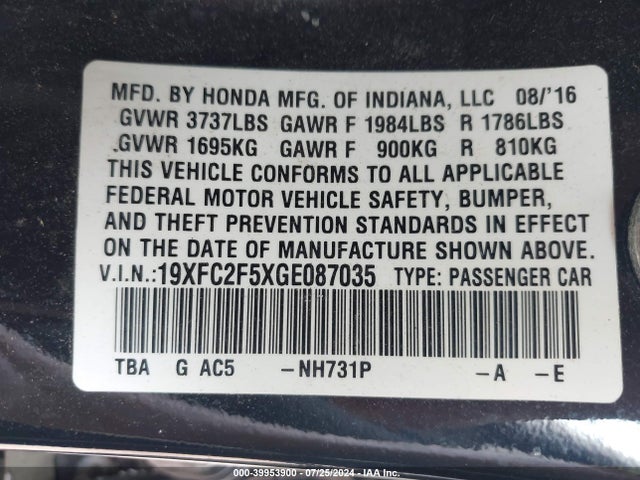 Honda Civic Lx 2016 19XFC2F5XGE087035 Image 9