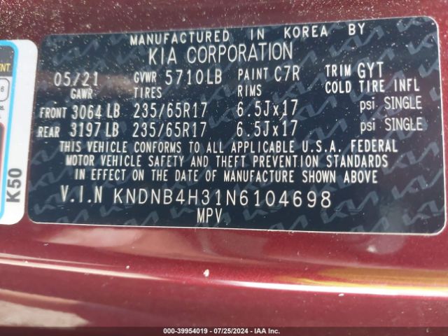 KNDNB4H31N6104698 KIA Carnival Mpv Lx Seat Package