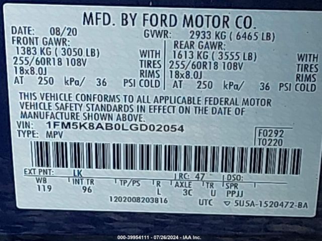 1FM5K8AB0LGD02054 Ford Police Interceptor Utility