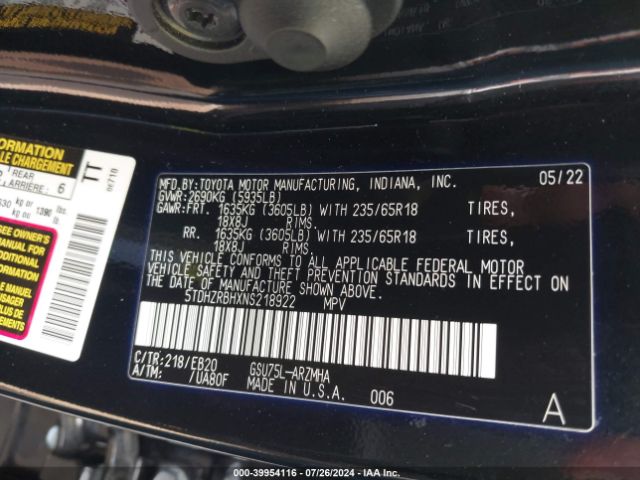 5TDHZRBHXNS218922 Toyota Highlander Xle