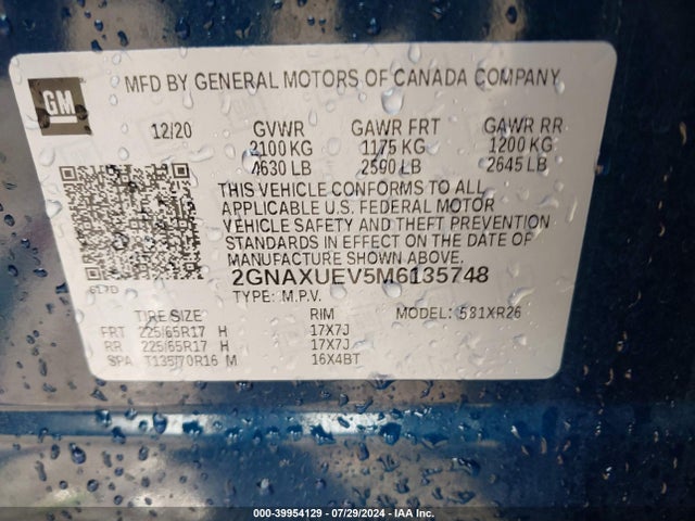 Aukcja sprzedaży 2021 Chevrolet Equinox Awd Lt, vin: 2GNAXUEV5M6135748, numer aukcji: 39954129