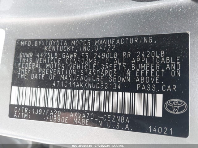 Toyota CAMRY LE 2022 4T1C11AKXNU052134 Image 9