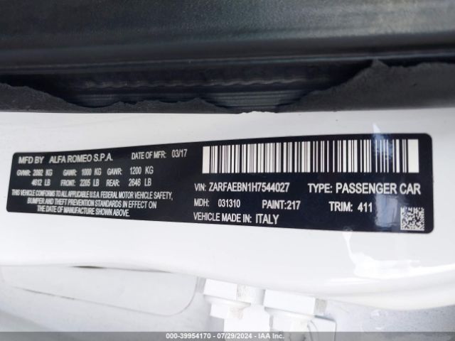 ZARFAEBN1H7544027 Alfa Romeo Giulia Rwd