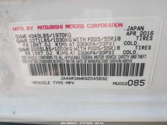 JA4AR3AW6GZ045832 Mitsubishi Outlander Sport 2.4 Se
