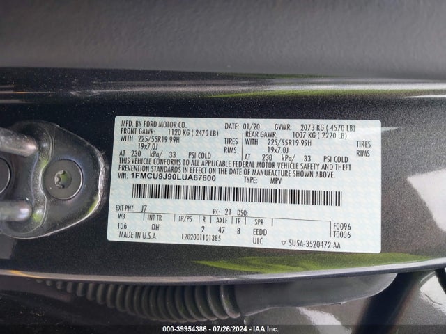 Ford Escape Titanium 2020 1FMCU9J90LUA67600 Image 9