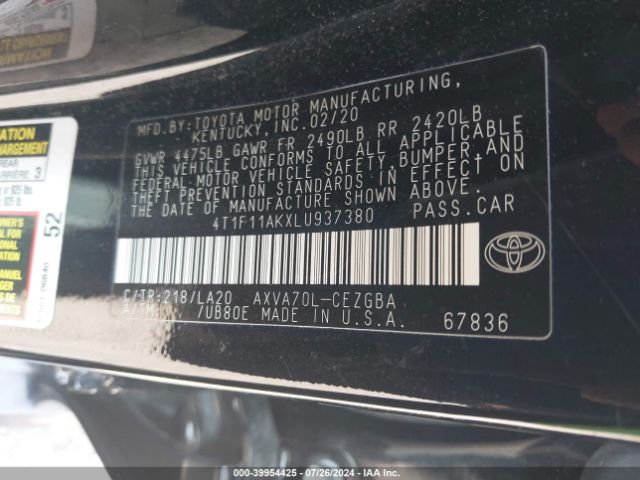 4T1F11AKXLU937380 Toyota CAMRY XLE