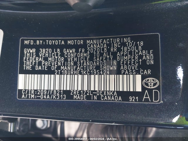 Toyota COROLLA LE 2019 2T1BURHE1KC195424 Image 9