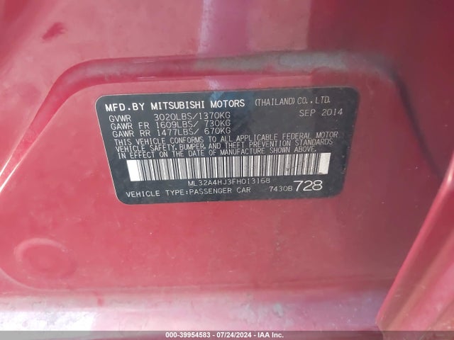 Mitsubishi Mirage Es/rf 2015 ML32A4HJ3FH013168 Image 9