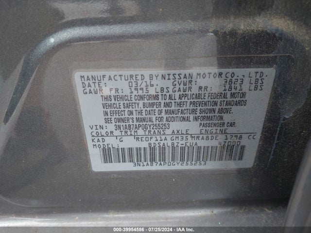 Nissan SENTRA S 2016 3N1AB7AP0GY255253 Image 9
