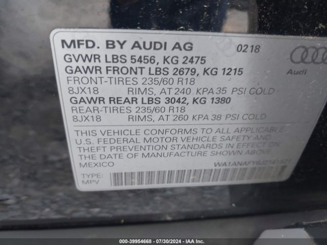 WA1ANAFY6J2141521 Audi Q5 2.0t Premium/2.0t Tech Premium