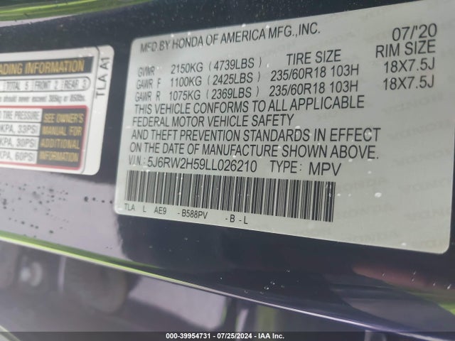 Honda Cr-v Awd Ex 2020 5J6RW2H59LL026210 Image 9
