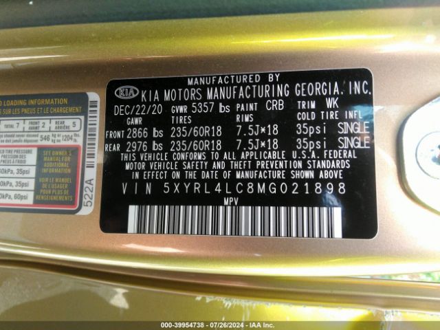 5XYRL4LC8MG021898 KIA SORENTO S