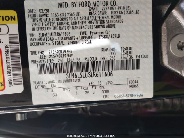 3LN6L5LU3LR611606 Lincoln Mkz Hybrid Reserve