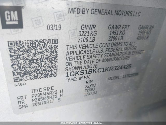 1GKS1BKC1KR324425 GMC YUKON SLT