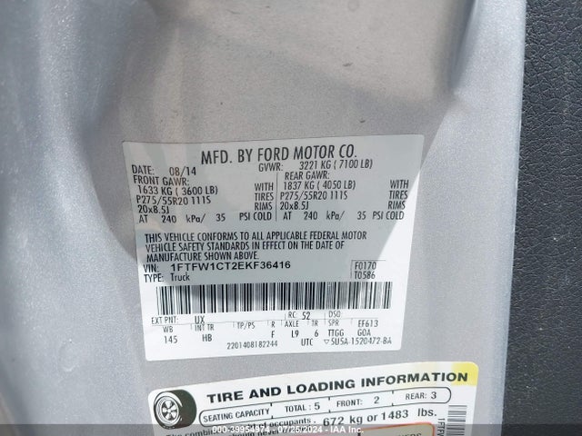 Ford F-150 Lariat 2014 1FTFW1CT2EKF36416 Image 9