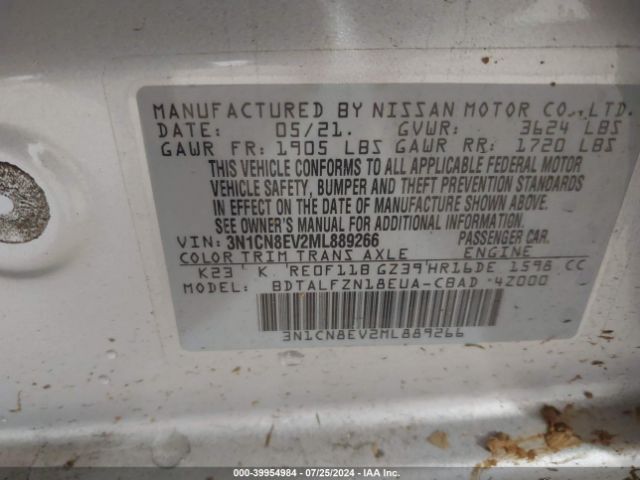 3N1CN8EV2ML889266 Nissan Versa Sv Xtronic Cvt