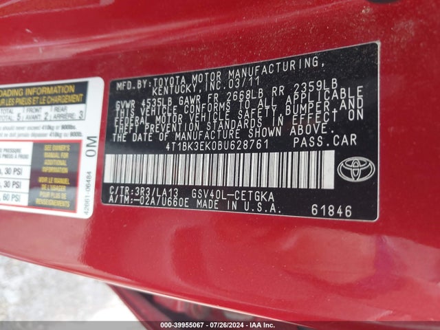 Продажа на аукционе авто 2011 Toyota Camry Le V6/se V6/xle V6, vin: 4T1BK3EK0BU628761, номер лота: 39955067