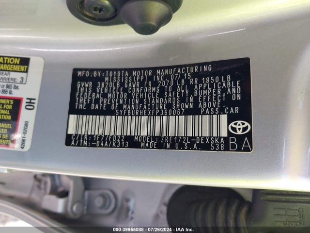 Toyota COROLLA L 2015 5YFBURHEXFP360067 Image 9