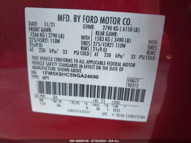 1FM5K8HC5NGA24690 Ford Explorer Platinum