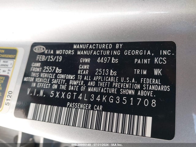 5XXGT4L34KG351708 KIA Optima Lx