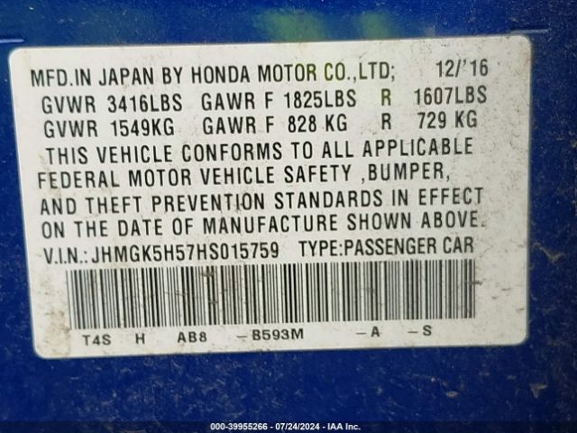 JHMGK5H57HS015759 Honda FIT LX