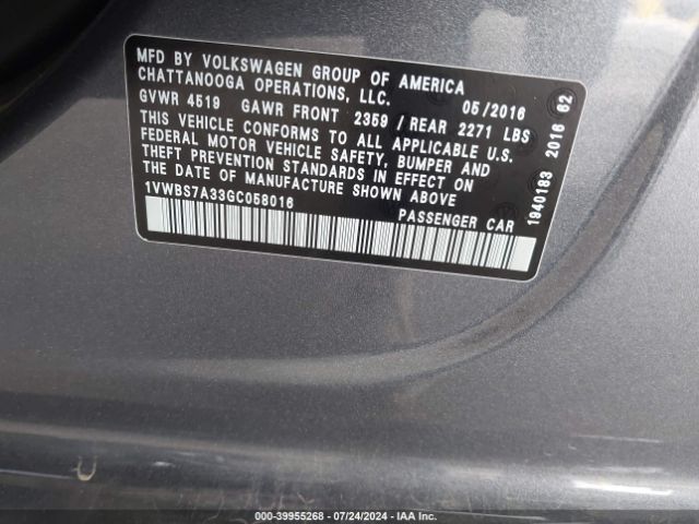 1VWBS7A33GC058016 Volkswagen Passat 1.8t Se