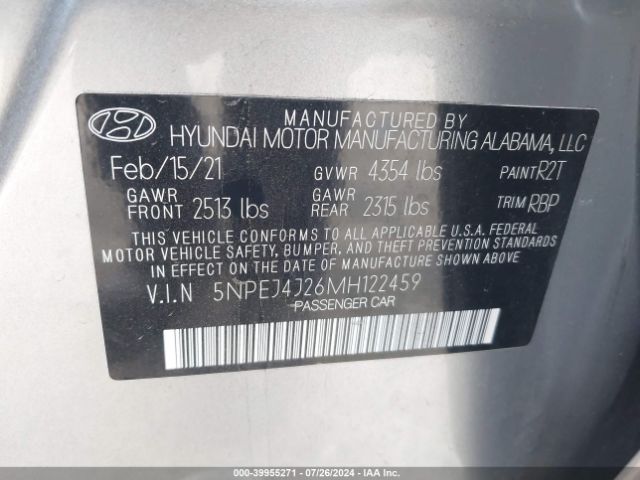 5NPEJ4J26MH122459 Hyundai Sonata Sel Plus