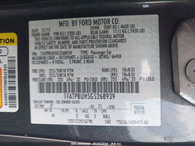 1FATP8UH5G5268939 Ford Mustang Ecoboost Premium