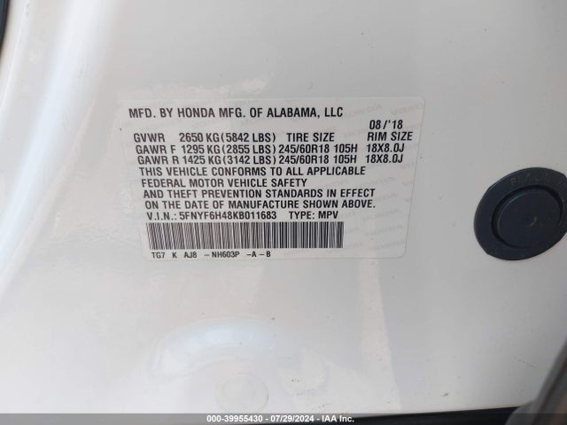 Honda Pilot Ex-l 2019 5FNYF6H48KB011683 Image 9