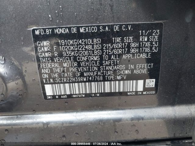 3CZRZ2H39RM747768 Honda Hr-v Awd Lx