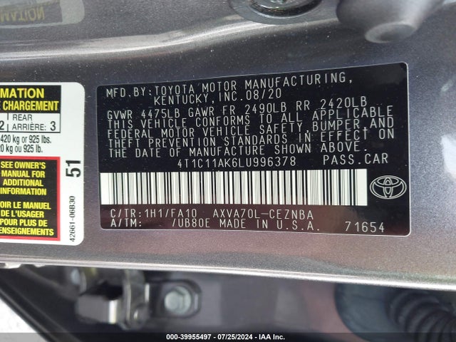 Toyota CAMRY LE 2020 4T1C11AK6LU996378 Image 9