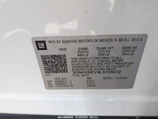 3GNAXKEV4LS729672 Chevrolet Equinox Fwd Lt 1.5l Turbo