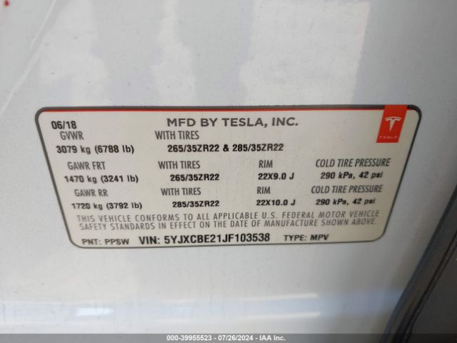 5YJXCBE21JF103538 Tesla Model X 100d/75d/p100d