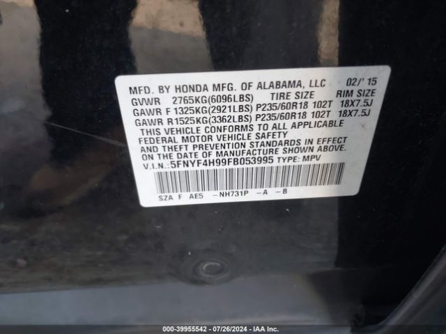 5FNYF4H99FB053995 Honda Pilot Touring