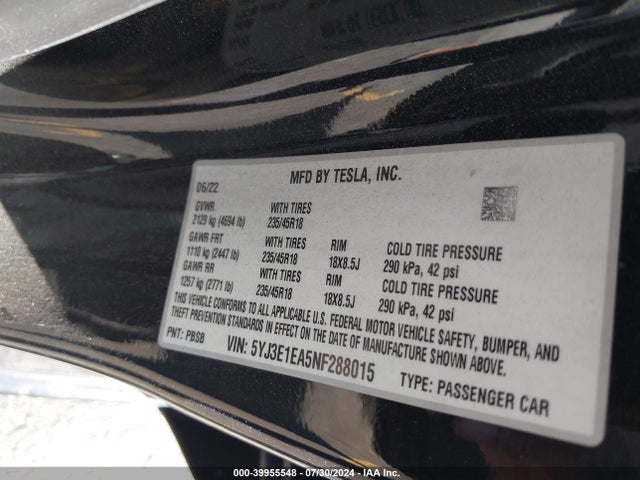 Tesla Model 3 Rear-wheel Drive 2022 5YJ3E1EA5NF288015 Image 9
