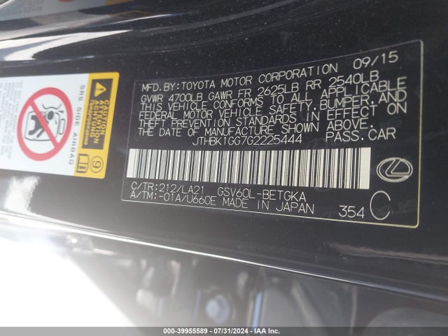 Lexus ES 350 2016 JTHBK1GG7G2225444 Image 9