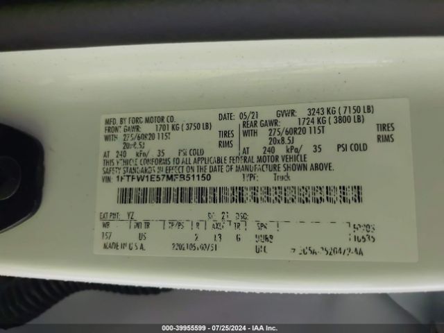 1FTFW1E57MFB51150 Ford F-150 Xlt