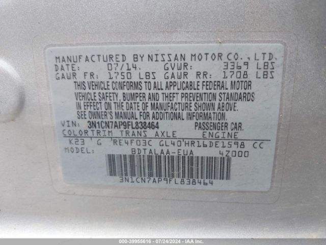 3N1CN7AP9FL838464 Nissan Versa 1.6 S