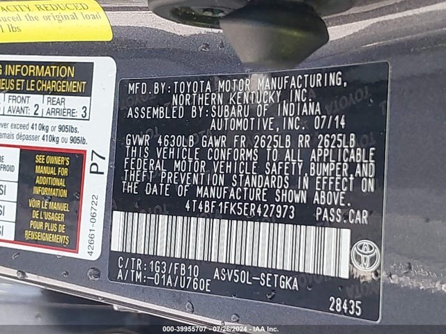 4T4BF1FK5ER427973 Toyota Camry L/le/se/se Sport/xle