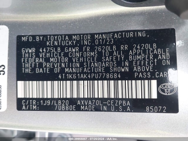 Toyota CAMRY XSE 2023 4T1K61AK4PU778684 Image 9