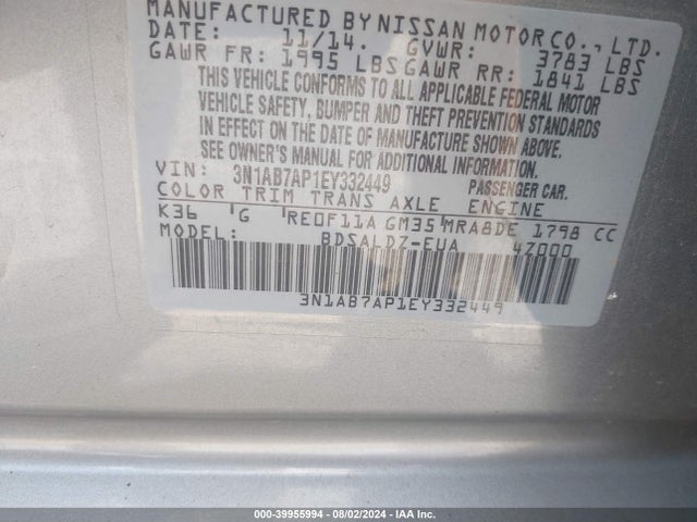 Nissan SENTRA SV 2014 3N1AB7AP1EY332449 Image 9