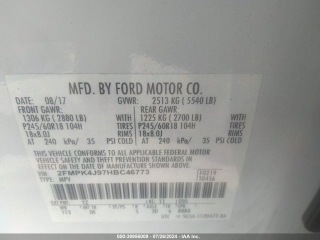 Ford EDGE SEL 2017 2FMPK4J97HBC46773 Image 9