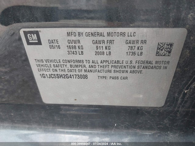 Chevrolet Sonic Lt Auto 2016 1G1JC5SH2G4173008 Image 9