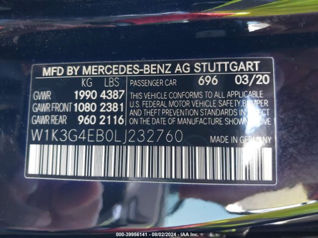 W1K3G4EB0LJ232760 Mercedes-Benz A 220